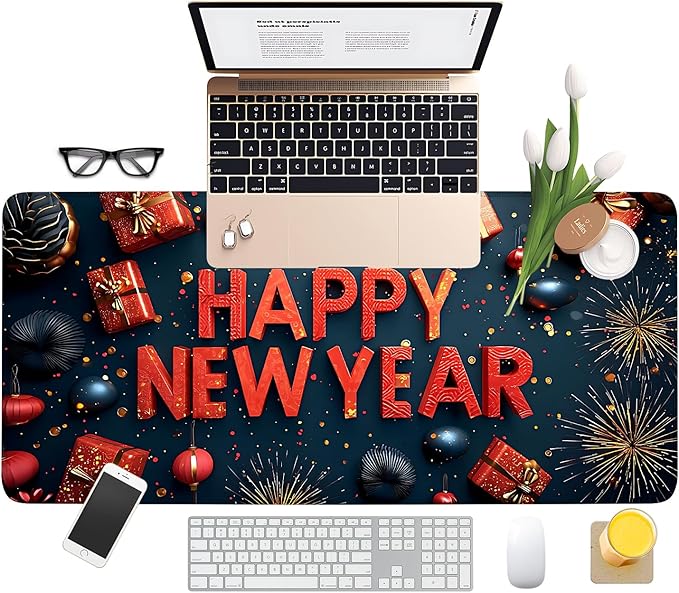Happy New Year Extended Gaming Mouse Pad 35.4x15.7Inch Large Desk Mat Anti-Slip Rubber Base & Durable Stitched Edges for Gamers Smooth Mouse Writing Surface for Desk Office/Home