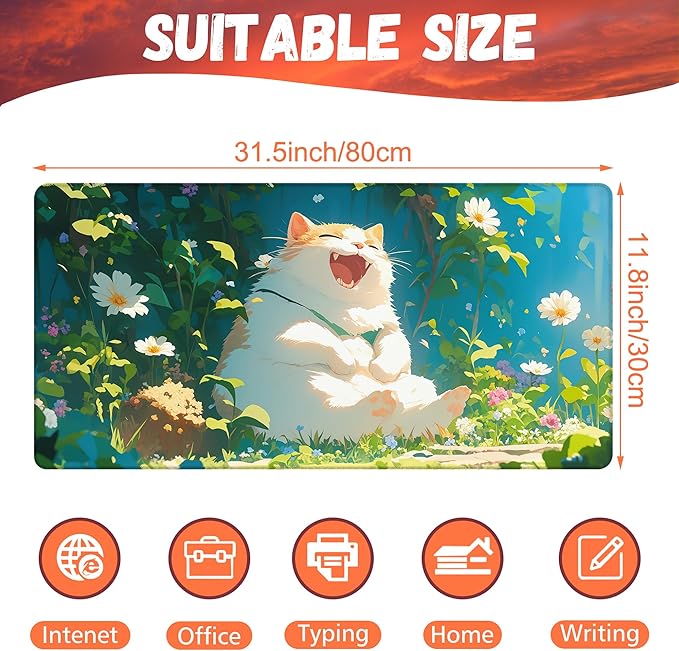 Desk Pad, Happy Fat Cat Desk Mat, Cute Anime Cat Large Gaming Mouse Pad for Desk, 31.5"x15.7" Extended Big Computer Keyboard Mouse Pad with Non-Slip Base and Stitched Edge