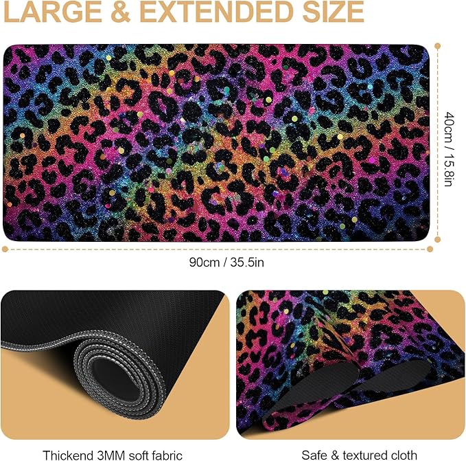 Large Mouse Pad & Keyboard Mat 35x16 Inches, Colorful Gradient Leopard Print Non-Slip Rubber Base Desk Mat, Large Extended Desk Protector for Home Office Gaming Setup