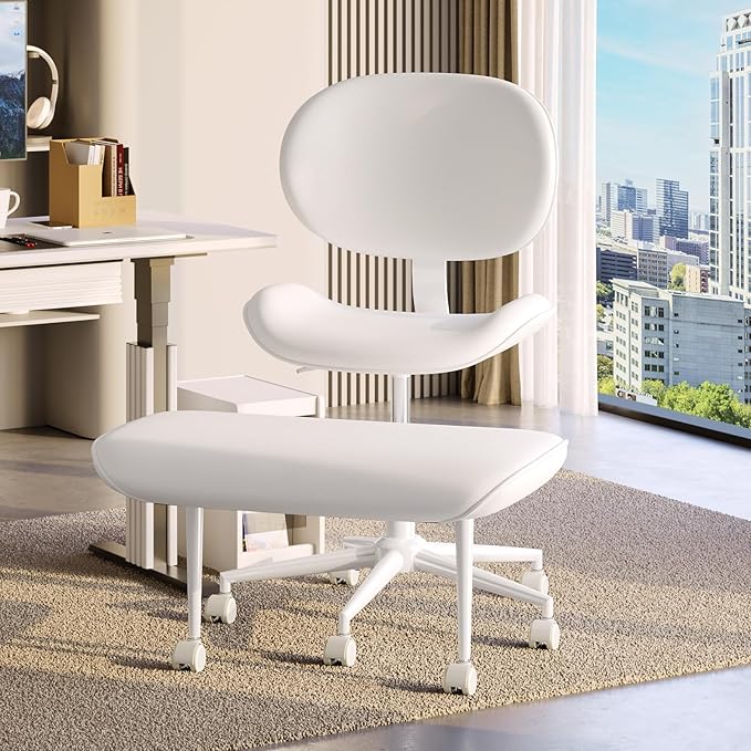 Cross-Legged Meditation Chair, ADHD Friendly Armless Office Chair with Footrest, PU Leather Wide Seat Desk Chair for Focus, Calm Sitting & Home Office, Off White