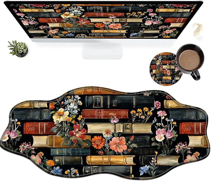 Flowers Bookshelves Large Gaming Mouse Pad Plus a Coaster, 35.4 x 15.7 inches Desk Mat Extended XXL Mousepad with Stitched Edge Non-Slip Rubber, Desk Pad Computer Mouse Mat for Home Office
