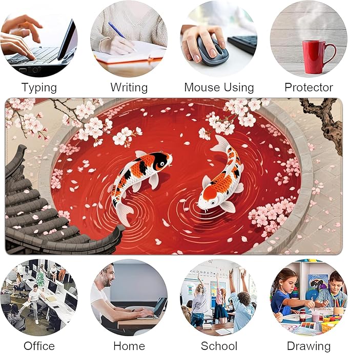 Desk Mat, Japanese Koi Fish XXL 35.4"x15.7"Large Gaming Mouse Pad, 3mm Thick Gaming Keyboard Pad,Desk Pad Non-Slip Rubber Base with Stitched Edges for Office Game Home Decor