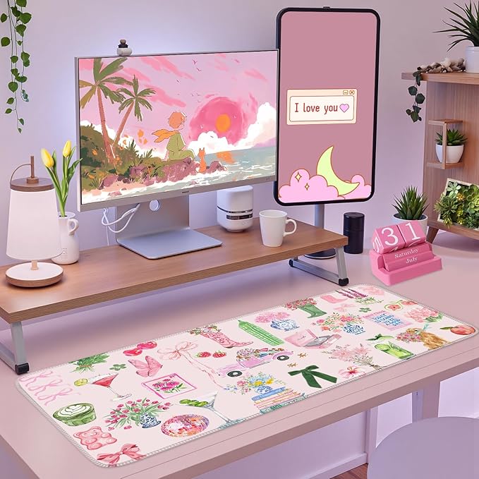 Pink Pastel Floral Desk Mat Cute Kawaii Retro Vintage XXL Large Mouse Pad Flower Desk Pad Mat Laptop Computer Keyboard and Mouse Mat Aesthetic Office Decor for Women Girl Teacher