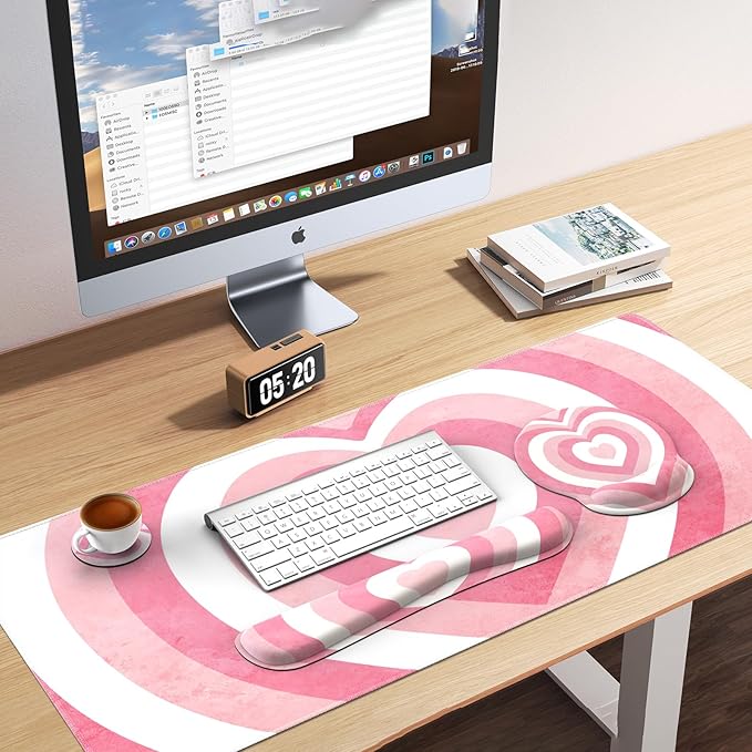 iLeadon Pink Desk Mat, Desk Pad + Pink Mouse Pad with Wrist Rest + Keyboard Wrist Rest + Coaster, 4in1 Mouse Pad Set, Mouse and Keyboard Pad for Home Office, Heart Pink