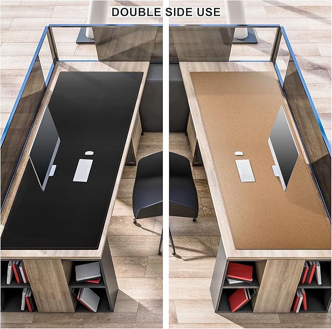 MAIDERN 59”x 27.5” Leather Desk Mat XL, Large Desk Pad, Reversible Cork & Leather Large Mouse pad for Desk, Waterproof Computer Desk Mat for Gaming Home Office (Black)
