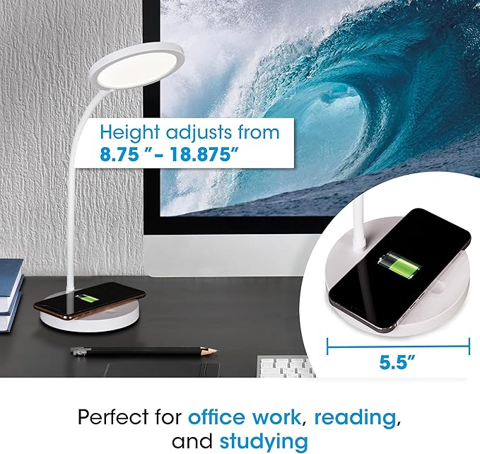 OttLite Good Housekeeping Circular LED Desk Lamp with Wireless Charging - Adjustable Neck Desk Lamp for College Dorm Room, Crafting, Reading, 3 Color Modes, Eye-Friendly Lighting