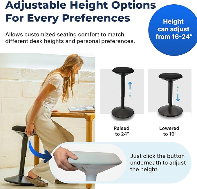 Standing Desk Stool Chair, Height Adjustable 16-24 inch for Office and Classroom, Swivel Base, Anti-Slip Bottom Ergonomic Wobble Stool with Rocking Motion, White