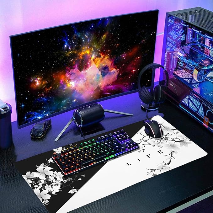aportt Black White Cherry Blossom Mouse Pad Large Japanese Sakura Death Life Desk Mat 60x35 cm Non-Slip Rubber Base Stitched Edge Large XL Playmat for Gaming Laptop Computer PC Desktop,24x14 Inch