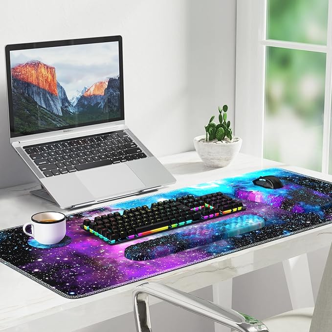 Desk Mat with Wrist Support, Desk Pad for Keyboard and Mouse, Purple Desk Mat, Keyboard Pad and Mouse Pad Combo, Ergonomic Mousepad Gaming for Office, Galaxy Space Purple Nebula