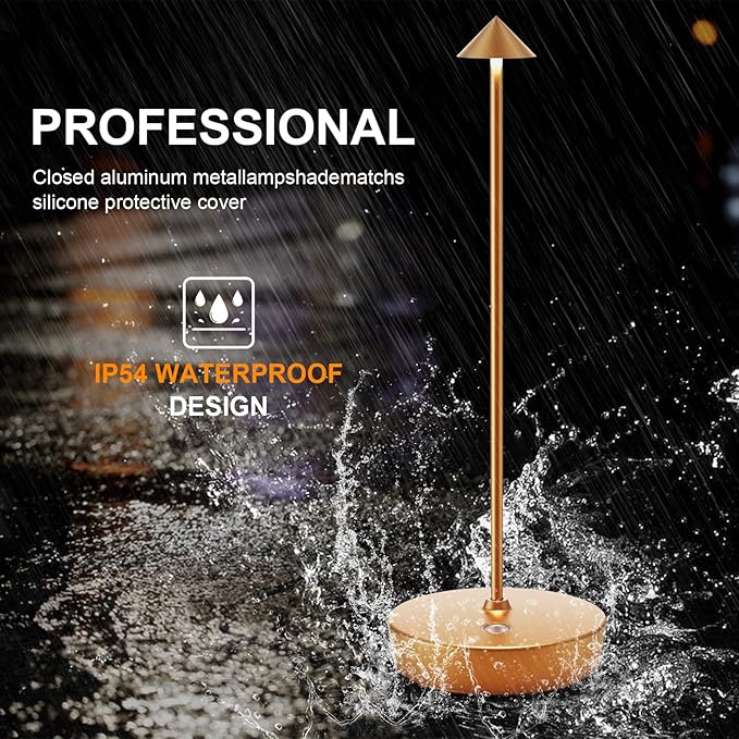 Rechargeable Cordless Table Lamp, Portable Powered LED Battery 6000mAh Metal USB Desk Lamp, 3 Levels Brightness Light for Restaurants Outdoor (Gold)