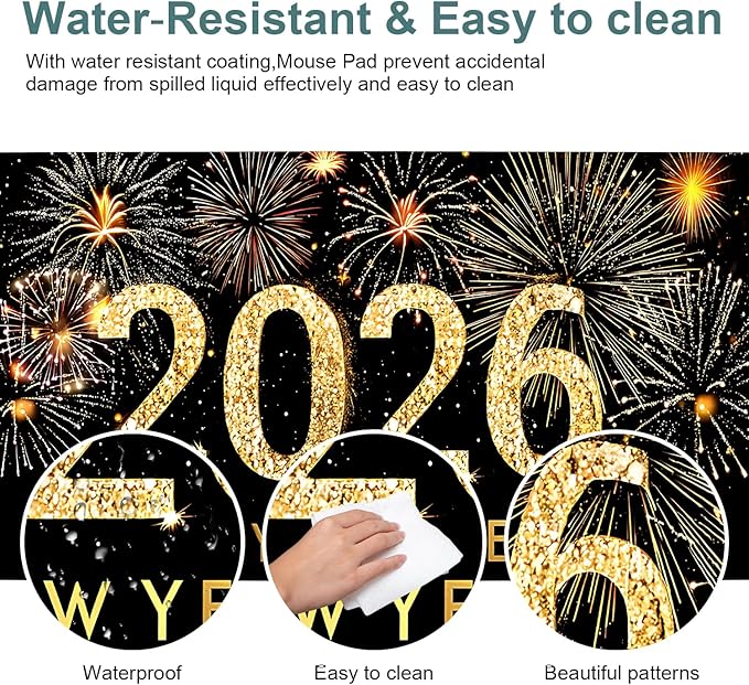 Happy New Year - 2026 Extended Gaming Mouse Pad 31.5x11.8inches Large Desk Mat Anti-Slip Rubber Base & Durable Stitched Edges for Gamers Smooth Mouse Writing Surface for Desk Office/Home