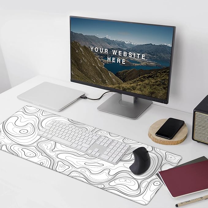 Large Gaming Mouse Pad White Topographic Contour Mouse Pad with Stitched Edges & Nonslip Rubber Base Extended XXL Long Mousepad Big Desk Mat for Company Office Work, 35.4 x 15.7 in