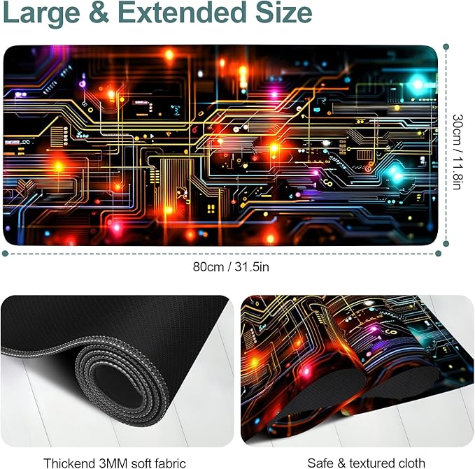 Lighting Extended Gaming Mouse Pad 31.5x11.8inches Large Desk Mat Anti-Slip Rubber Base & Durable Stitched Edges for Gamers Smooth Mouse Writing Surface for Desk Office/Home