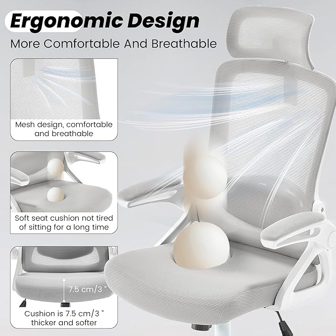 Fizzin Ergonomic Office Chair, 400 LBS Desk Chair with Adjustable Lumbar Support, High Back Breathable Mesh Computer Chair Rolling Work Swivel Task Chairs, Comfy Home Office Desk Chair (Gray)