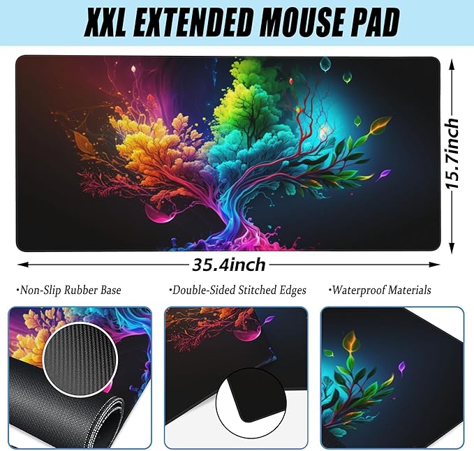 Large Gaming Mouse Pad for Desk,Colorful Tree of Life Desk Mat,Abstract Multicolor Texture Desk Pad, Extended Big Computer Keyboard Mouse Pad with Non-Slip Base and Stitched Edge 35.4"x15.7"
