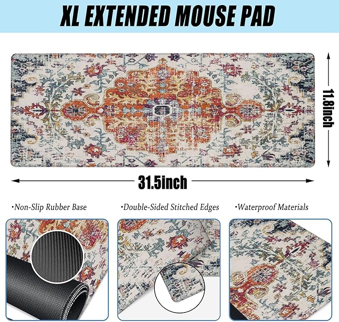 Large Gaming Mouse Pad for Desk,Boho Carpet Style Desk Mat for Desktop,Boho Rug Desk Pad, Extended Big Computer Keyboard Mouse Pad with Non-Slip Base and Stitched Edges 31.5"x11.8"