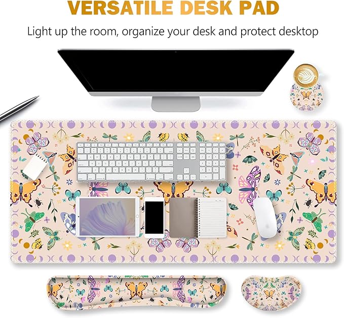 ARTSO Desk Mat Set, Apricot Extended Gaming Mouse Pad with Wrist Rest Support +Keyboard Wrist Rest +Coaster, Large Cute Butterfly Mousepad, Easy Typing & Comfort