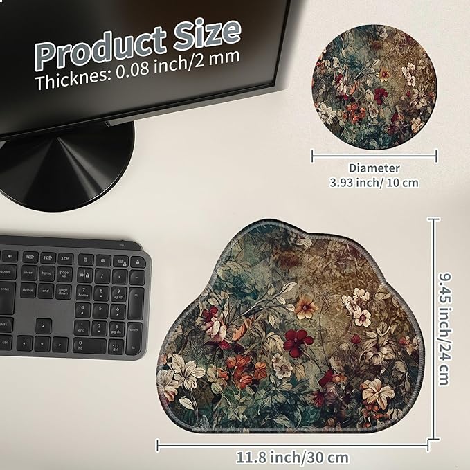 Cute Mouse Pad Plus 1 Coaster, Small Gaming Mouse Mat 11.8 x 9.45 inches, Travel Mouse Pads with Durable Stitched Edges Non-Slip Base, Dark Art Flowers Decor Mousepad for Office Home