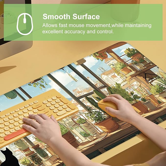 Desk Mat, XXL Extended Gaming Pad for Desktop, 31x12 Inches Cat Lover Kitty in Window with Houseplants, Large Non-Slip Vegan Leather Surface with Stitched Edges, Keyboard Mouse Mat for Home Office