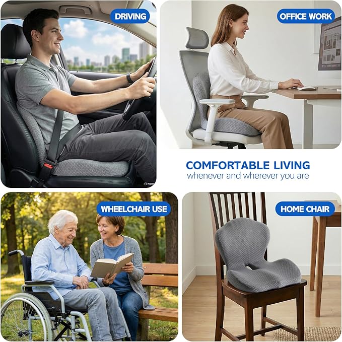 Office Chair Cushion for Tailbone & Back Support, Strong Lumbar Support Ergonomic Cushions, Comfortable Memory Foam Cushion for Pressure Relief, Suitable for Office Chairs, Home Chairs, Car