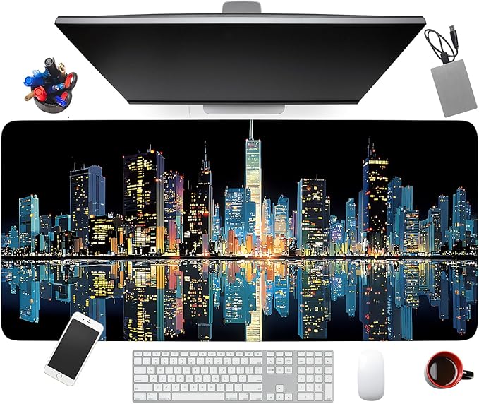 Large Mouse Pad & Keyboard Mat 35x16 Inches, Modern City Nightscape with Neon Lights Non-Slip Rubber Base Desk Mat, Large Extended Desk Protector for Home Office Gaming Setup