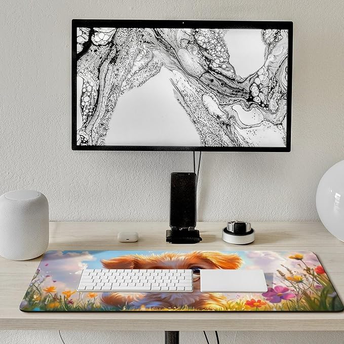 Large Ergonomic Gaming Mouse Pad Charming Fluffy Dog in Bright Meadow - Cute Pet Theme with Non-Slip Base Water-Resistant Surface and Stitched Edges 40x90cm