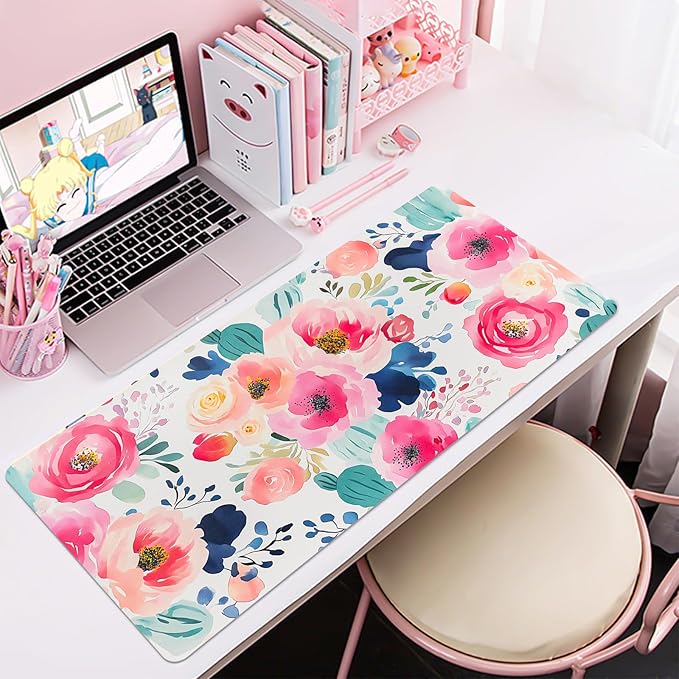 Bloss Pink Floral Desk Mat, Leather Desk Pad, Desk Matt for Desktop, Waterproof Desk Pad Mat, Computer Mat for Office Work/Home/Decor/Desk Protector(31.5 x 15.7 Inches)