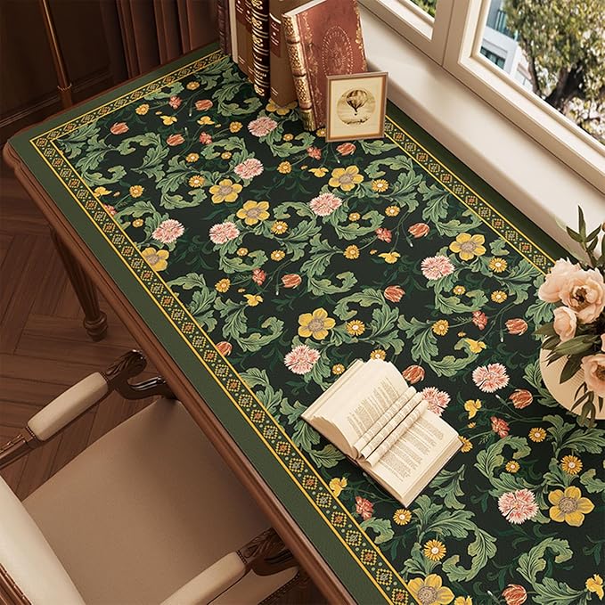 Desk Pad, ZAXOXAZ PU Leather Desk Pad Protector, 31.5" x 15.7" XXL Large Extended Flowers Mouse Pad, Big Desk Mat Floral Desk Blotter, Waterproof Desk Writing Pad for Office and Home(Green Flowers)
