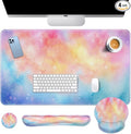 Arttown Iridescent Cloud Desk Mat Cute Mouse Pad Set 4 in 1 Colorful Starry Sky Ergonomic Design Large Desk Pad + Keyboard Wrist Rest + Mouse Wrist Rest + Coaster Suitable for Home Office Study Game