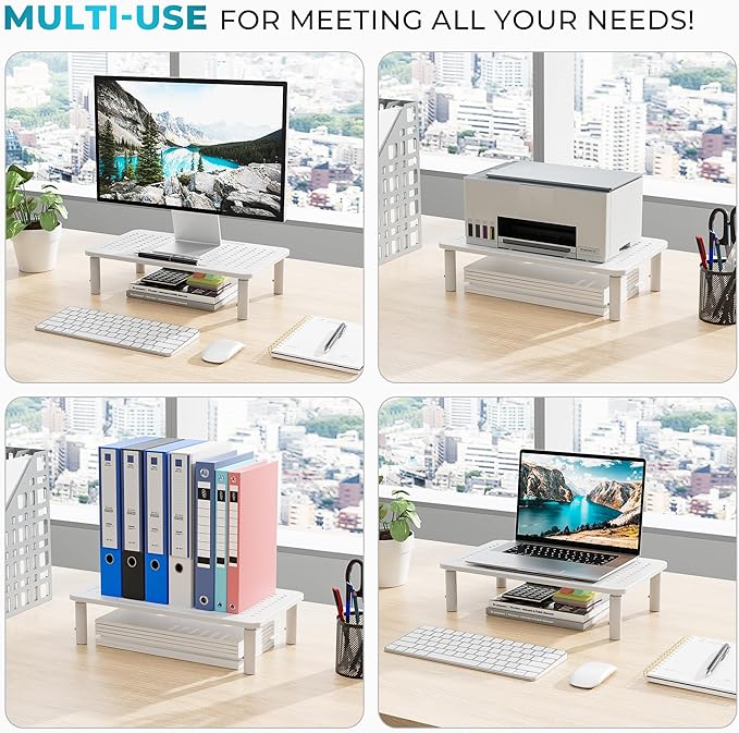 BONTEC Monitor Stand 2 Pack Height Adjustable Metal Riser with Pen Holder, White, 14.5” x 9.1”, Ergonomic Desktop Stand for Computer, Printer, Laptop, Adjustable Desk Riser with Cable Management