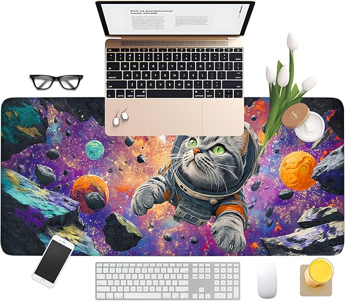 Cat Astronaut Extended Gaming Mouse Pad 35.4x15.7Inch Large Desk Mat Anti-Slip Rubber Base & Durable Stitched Edges for Gamers Smooth Mouse Writing Surface for Desk Office/Home