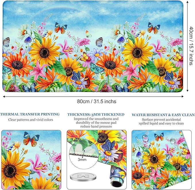 Desk Pad Sunflowers, Big Mouse Pad Flower Butterfly Women Girls Desk Mat Extended Large Gaming Mouse Pad Non-Slip Base Stitched Edge Work Home Office Desks Computer Keyboard Laptop Decor Mouse Mat