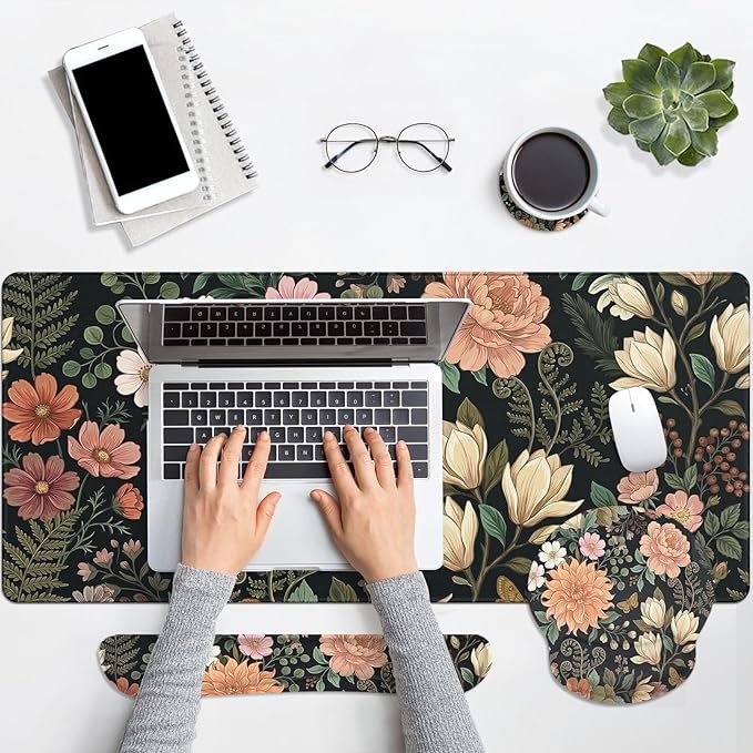Arttown Spring Flower Desk Mat Leaves Floral Colorful Mouse Pad Set 4 in 1 Ergonomic Design Large Mousepad + Keyboard Wrist Rest + Mouse Wrist Rest + Coaster Suitable for Home Office Study Game