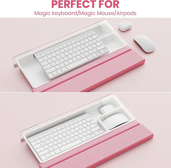 3 in 1 Keyboard Stand w/Wrist Rest and Storage Tray - Klearlook [Ultra Comfortable] PU Leather Wrist Pad & Acrylic Keyboard Riser, 16.9x7.3 inch Tilt Adjustable Computer Keyboard Stand Holder-Pink