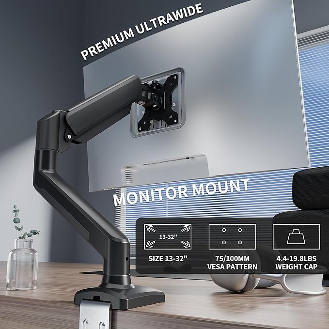 Single Monitor Arm Desk Mount，Gas Spring Monitors Arm for 17-32 inch Screens,Adjustable Computer Monitors Stand up to 4.4 to 19.8 lbs,Vesa Mount with Clamp and Grommet Base, VESA 75 & 100mm,Single
