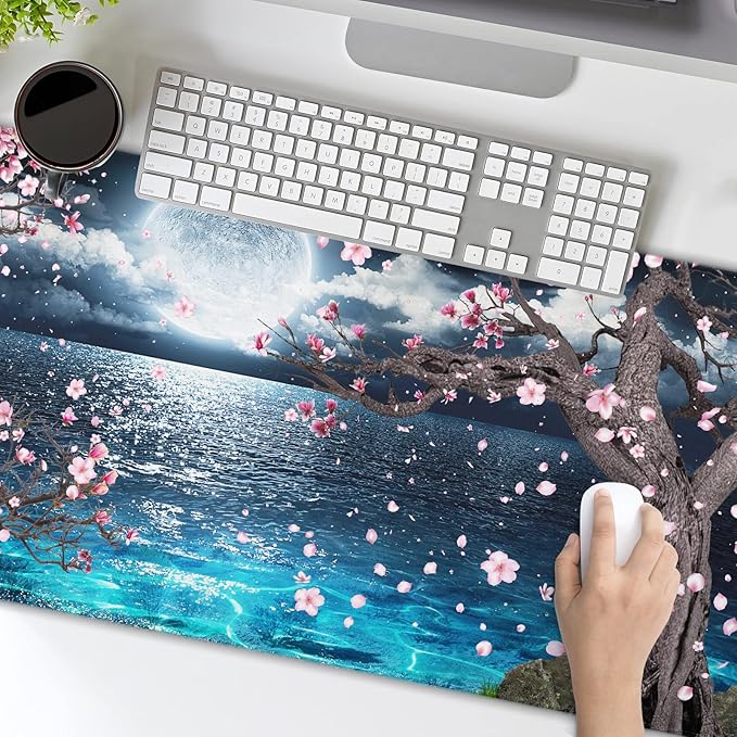 Pink Cherry Blossom Gaming Mouse Pad XL Sakura Tree Blue Ocean Moon Night Extended Big Large Desk Mat Non-Slip Rubber Base Stitched Edge Long Keyboard Mousepad for PC Computer Laptop,31.5×11.8 in