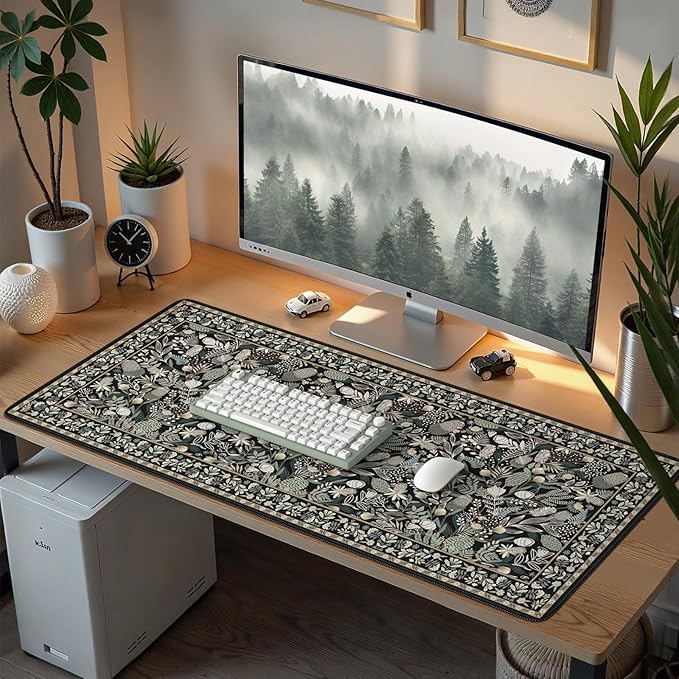 Large Mouse Pad for Desktop, Cute Desk Mat Pad Protector for Work & Gaming, Aesthetic Pretty Anti-Slip Laptop Blotter Cover for Office School Home Supplies, Black Floral, 35.4" x 15.7"