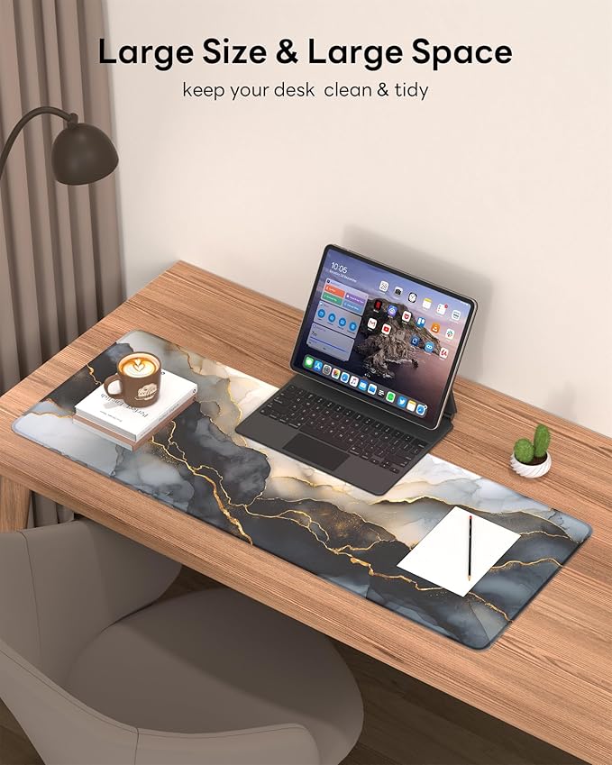 Black Marble Mouse Pad, 31.5 x 11.8 Large Desk Mat with Stitched Edges & Non-Slip Base, Mousepad for Office, Home, Work
