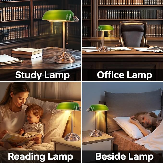FIRVRE Green Glass Bankers Desk Lamp, Traditional Banker's Lamp, Vintage Desk Lamp with Pull Chain Switch, Retro Table Lamps for Home Office, Library, Piano