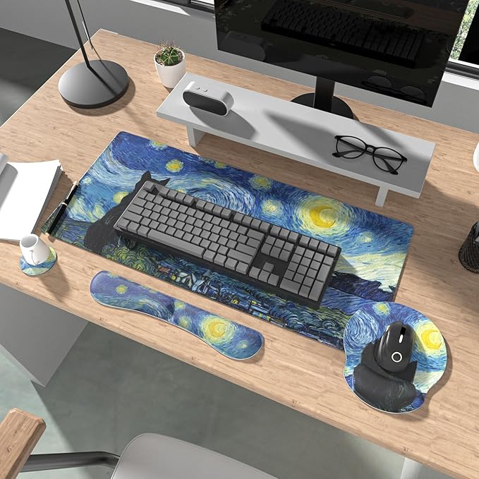 Ovenbird Mouse Pad Set 4-in-1 | Large Gaming Mousepad, Keyboard Wrist Rest, Mouse Wrist Support, Coaster | Ergonomic Office Desk Mat Accessories for Women Men | 4PCS, 35.4 x 15.7in, The Starry Cat