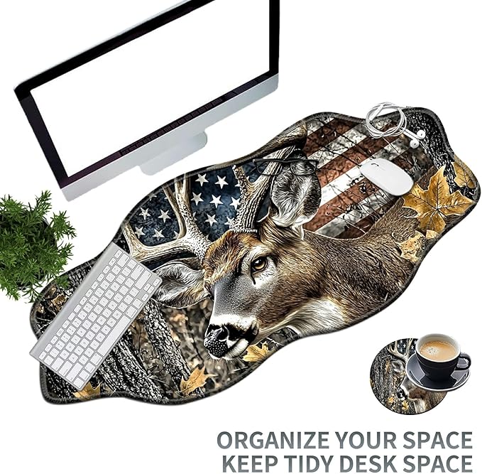 Camo Flag Deer Large Gaming Mouse Pad Plus a Coaster, 35.4 x 15.7 inches Desk Mat Extended XXL Mousepad with Stitched Edge Non-Slip Rubber, Desk Pad Computer Mouse Mat for Home Office
