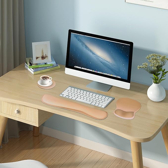 Wrist Rest Support for Mouse Pad Keyboard Set Circle Coaster Gaming Mouse Pad Ergonomic Gel Memory Foam Set for Computer, Laptop, Office, Comfortably Typing Brown KM-32