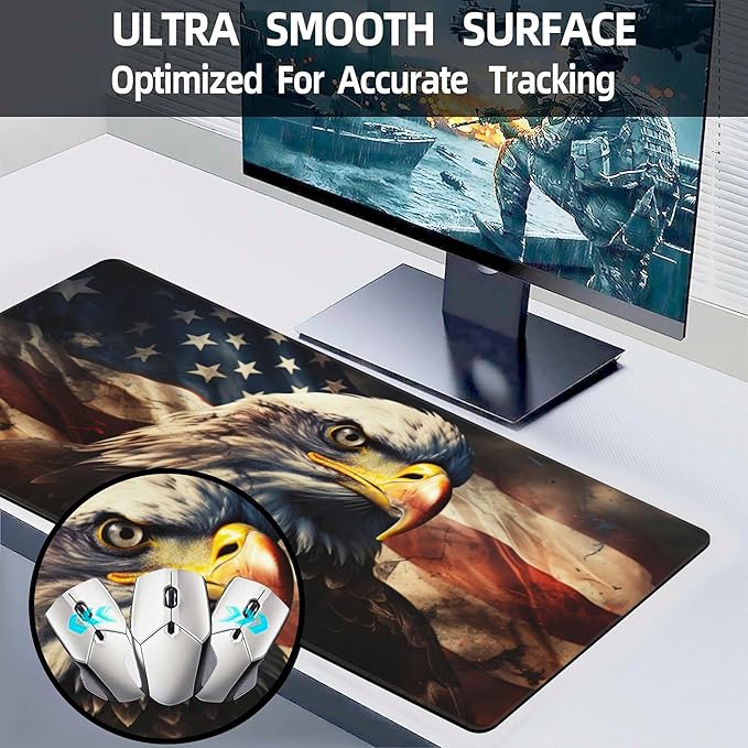 Desk Mat,American Bald Eagle Large Gaming Mouse Pad XL,USA Flag Eagle Desk Pad,Extended Big Computer Keyboard Mousepad with Non-Slip Base and Stitched Edge 31.5"x11.8"