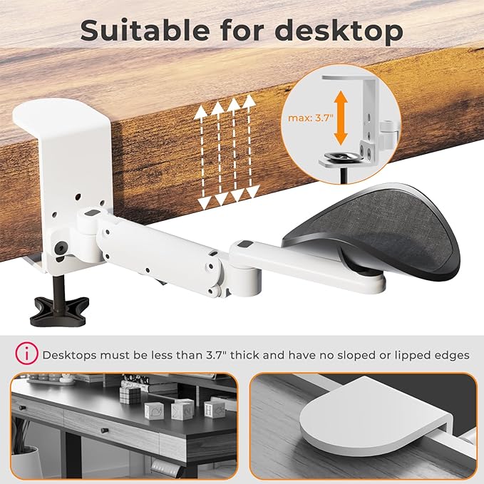 JOY worker Universal Clamp-on Adjustable Armrest, Ergonomic 360° Rotating Elbow Rest Pad for Desk, 6-Level Height Desk Arm Support for Thicker Desktop, Left/Right Hand, White