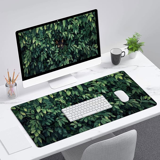 Cute Cat Desk Mat Gaming Mouse Pad Anime Kawaii Green Large Gaming Mouse Mat with Stitched Edges,Non-Slip Waterproof Rubber Base Mous Mat Office Computer Keyboard Laptop Home 31.5"x11.8"