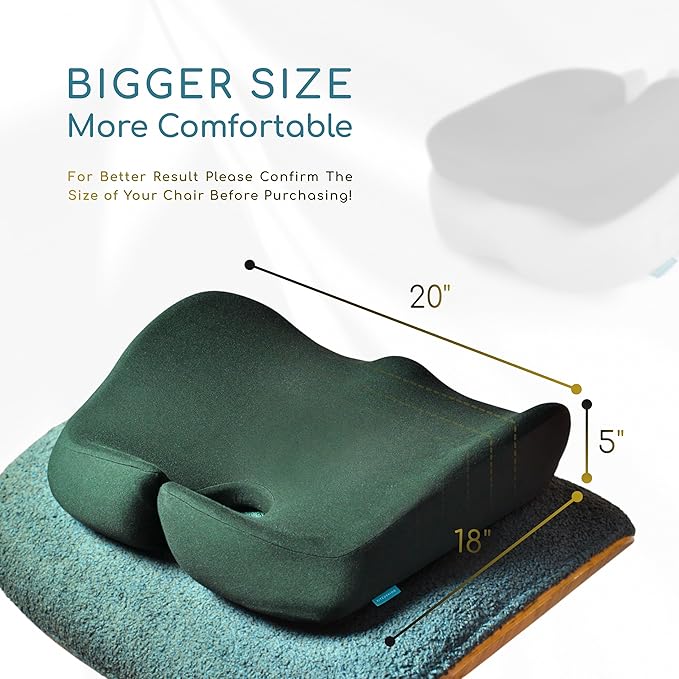 Orthopedic Coccyx Cushion for Tailbone Support, Sciatica and Back Comfort - XL Memory Foam Seat Cushions for Office Chairs, Car, Gaming - Ergonomic Cushion with Removable Spare Cover (Green)