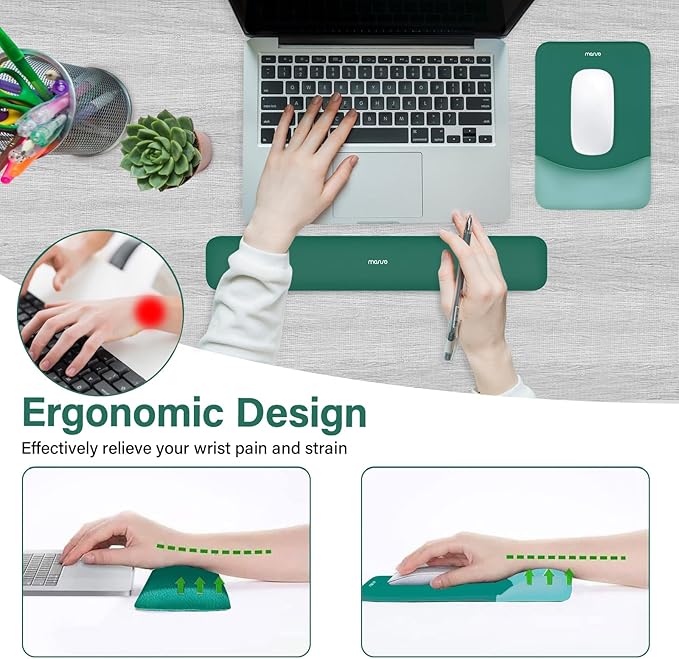 MOSISO Wrist Rest Support for Mouse Pad&Keyboard Set, Rectangular Ergonomic Mousepad Non-Slip Base Home/Office Easy Typing Pad with Neoprene Cloth&Raised Silicone Lining, Peacock Green