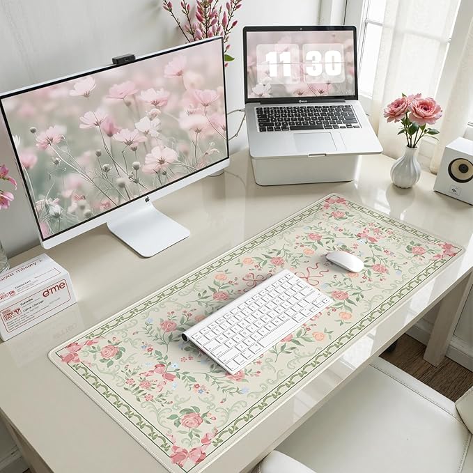 HAOCOO Cute Floral Desk Mat, Green Mouse Pad, Waterproof Desk Matt for Desktop, 35.4" x 15.7" Non-Slip Desk Mouse Pad, Keyboard Mat with Stitched Edge, Desk Pad Mat for Office, Home