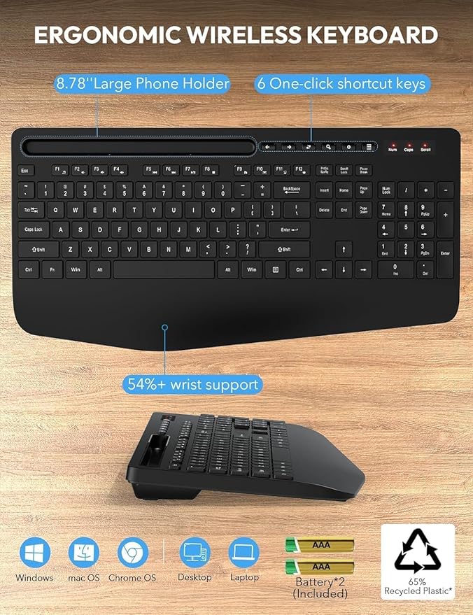 Wireless Keyboard and Mouse Combo - Full Size Ergonomic Wrist Rest, Silent Typing, Phone Holder, 2.4 GHz, 3 Level DPI, KM23D Set Compatible with PC, Laptop, Windows, macOS -SABLUTE