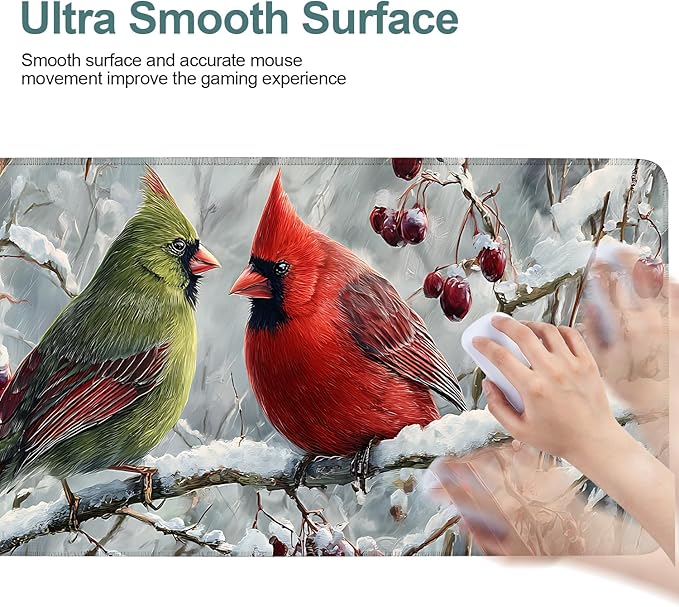 Christmas Bird Extended Gaming Mouse Pad 31.5x11.8inches Large Desk Mat Anti-Slip Rubber Base & Durable Stitched Edges for Gamers Smooth Mouse Writing Surface for Desk Office/Home